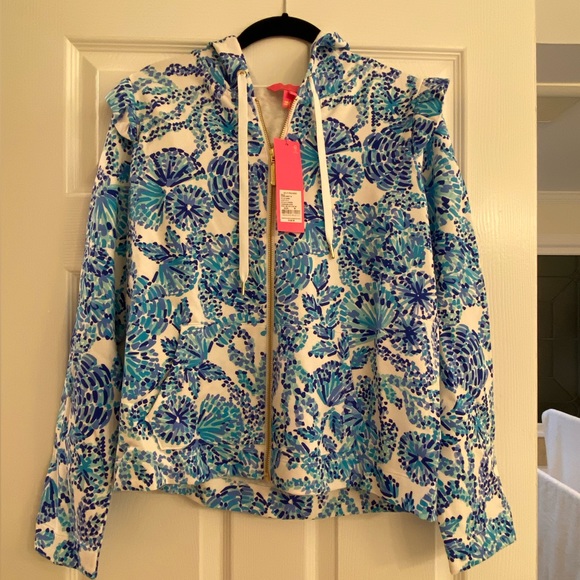 NWT -Lilly Pulitzer-Audrey Zip Up Jacket-M -Turquoise Oasis Shell Me You Love Me - Picture 2 of 3